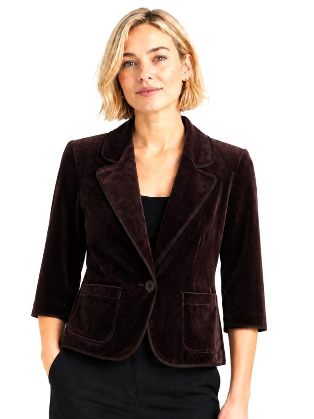 Vintage Jaeger Brown Velvet Grosgrain Trim One-Button Blazer